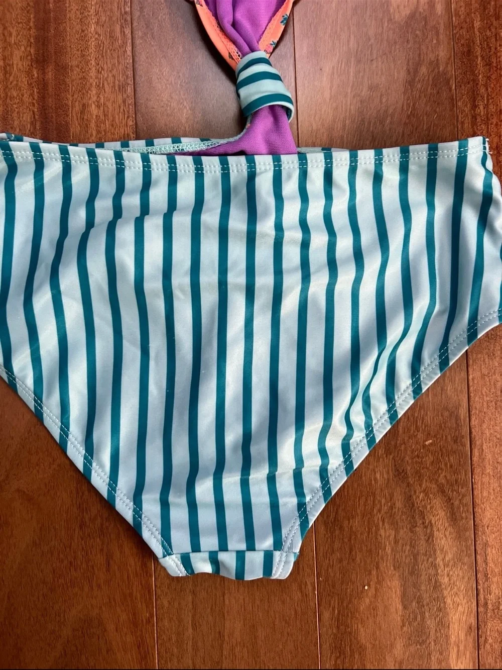 Two-Tone Knot Front Girls' Swimsuit - Orange Pineapple Top & Teal Striped Bottom